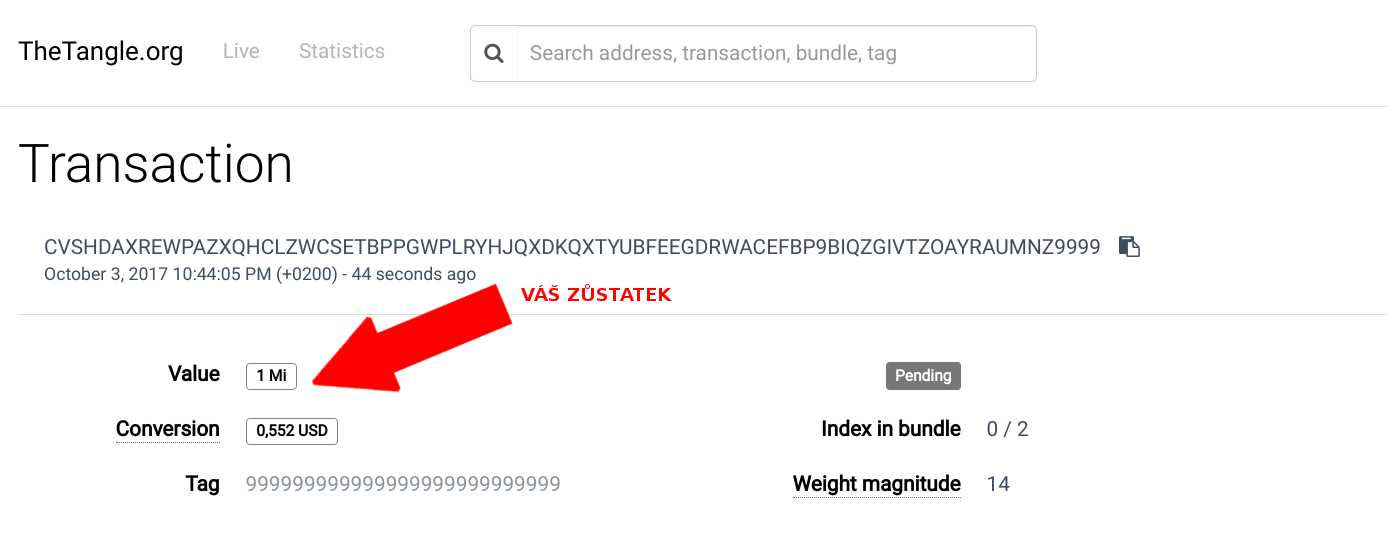 Aktuálny zostatok IOTA peňaženky